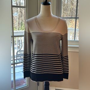 LOFT beige with graduated black stripes Crew Neck Sweater